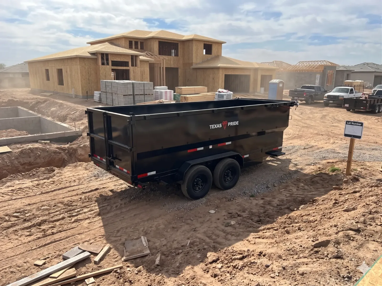 Texas Pride 16ft dump trailer rental from Rent A Loader Phoenix at a new home site
